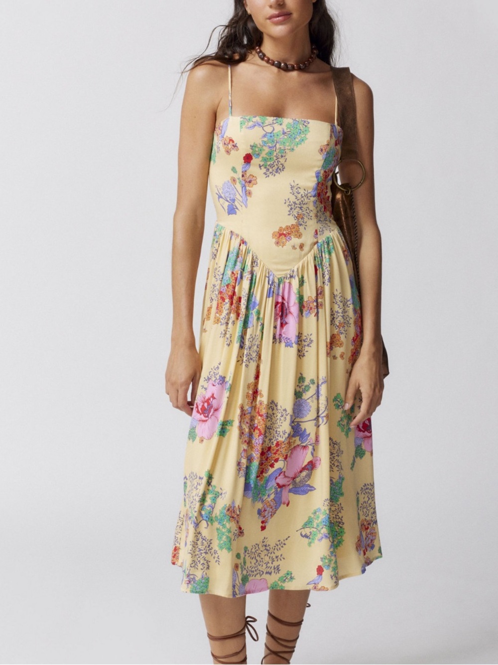 Yellow Floral Spaghetti-Strap Maxi Dress